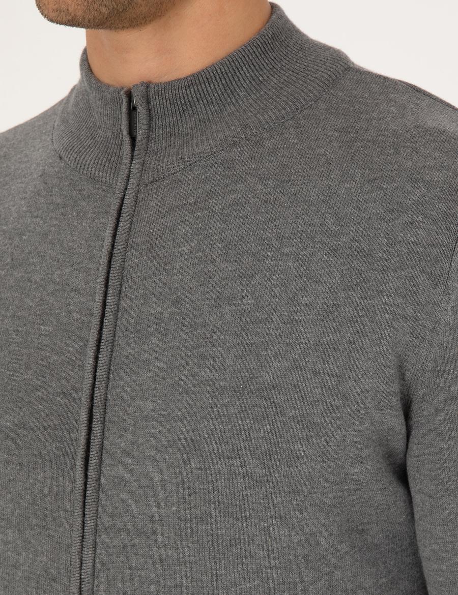 Gri Melanj Slim Fit Fermuarlı Triko Hırka