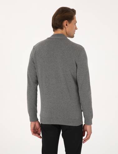 Gri Melanj Slim Fit Fermuarlı Triko Hırka