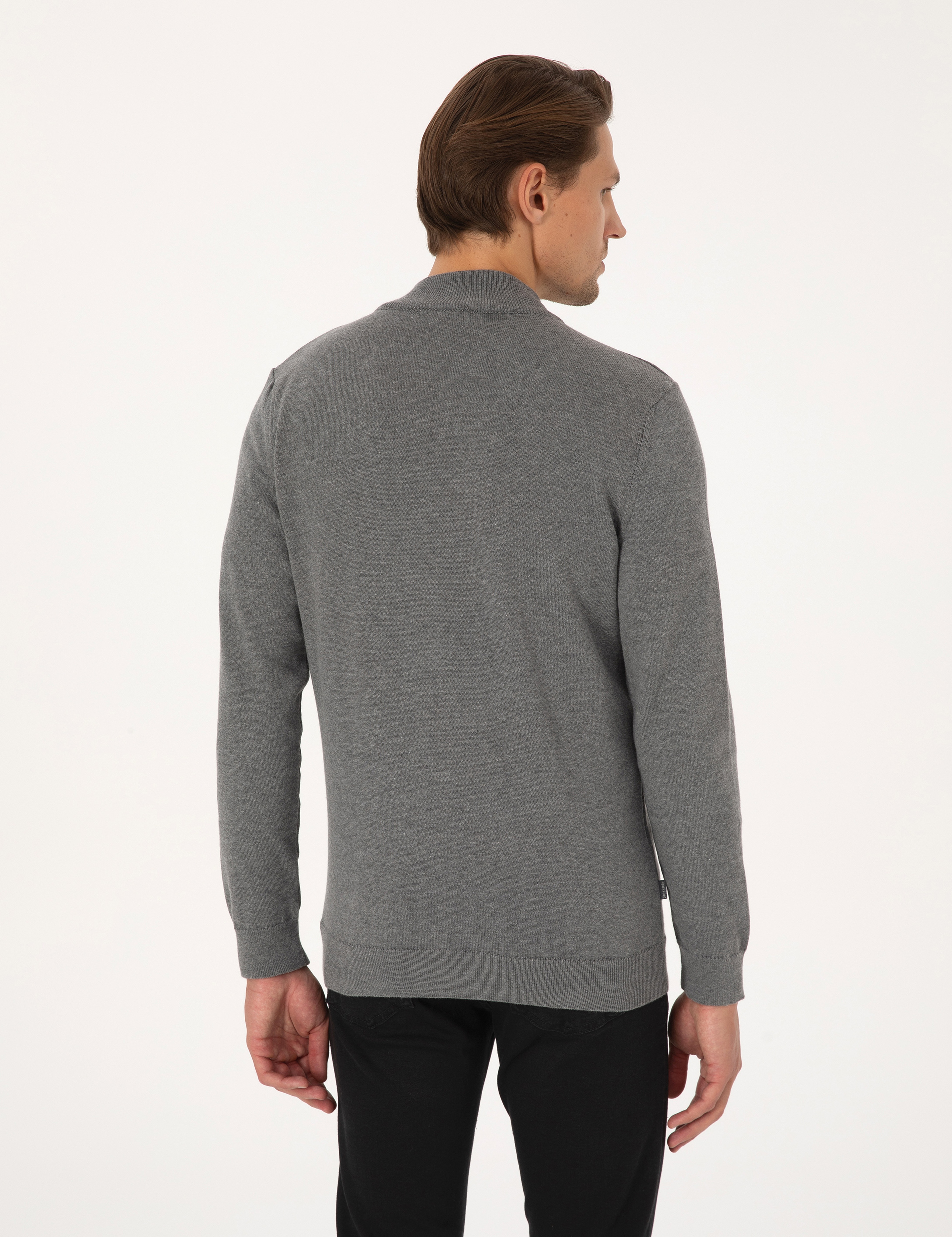 Gri Melanj Slim Fit Fermuarlı Triko Hırka - Image 5