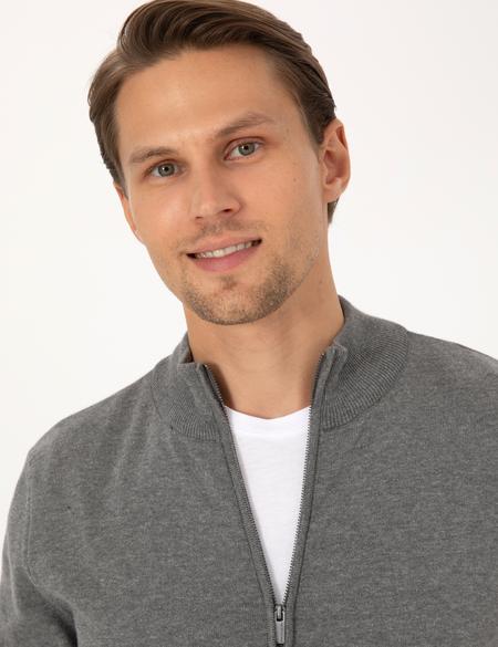 Gri Melanj Slim Fit Fermuarlı Triko Hırka - 50317409039