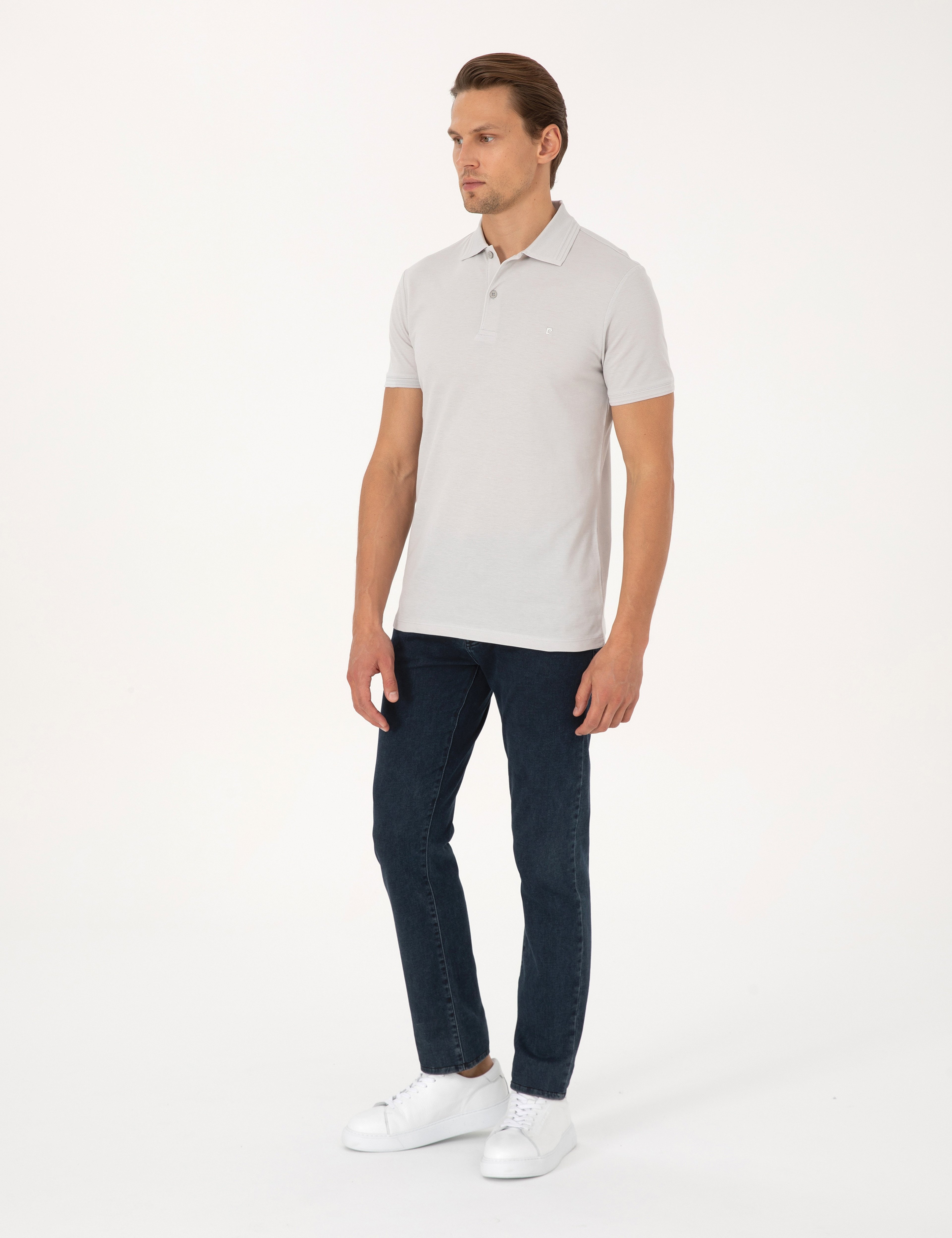 Açık Gri Slim Fit %100 Pamuk Kıvrılmaz Düğmeli Polo Yaka Basic Tişört - Image 4