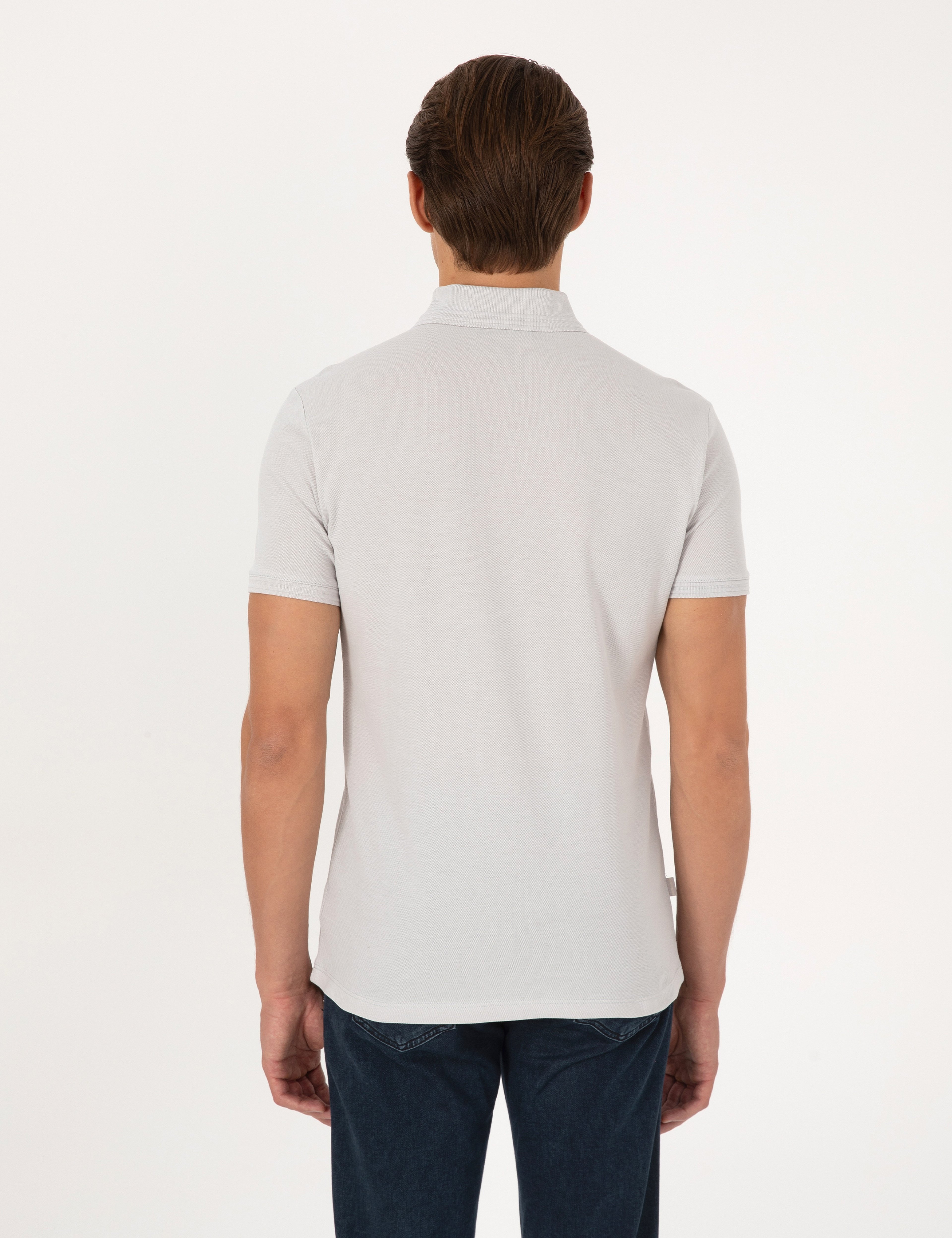 Açık Gri Slim Fit %100 Pamuk Kıvrılmaz Düğmeli Polo Yaka Basic Tişört - Image 5