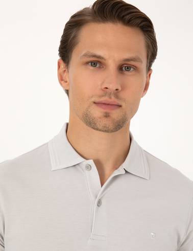 Açık Gri Slim Fit %100 Pamuk Kıvrılmaz Düğmeli Polo Yaka Basic Tişört