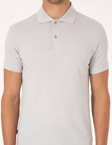 Açık Gri Slim Fit %100 Pamuk Kıvrılmaz Düğmeli Polo Yaka Basic Tişört