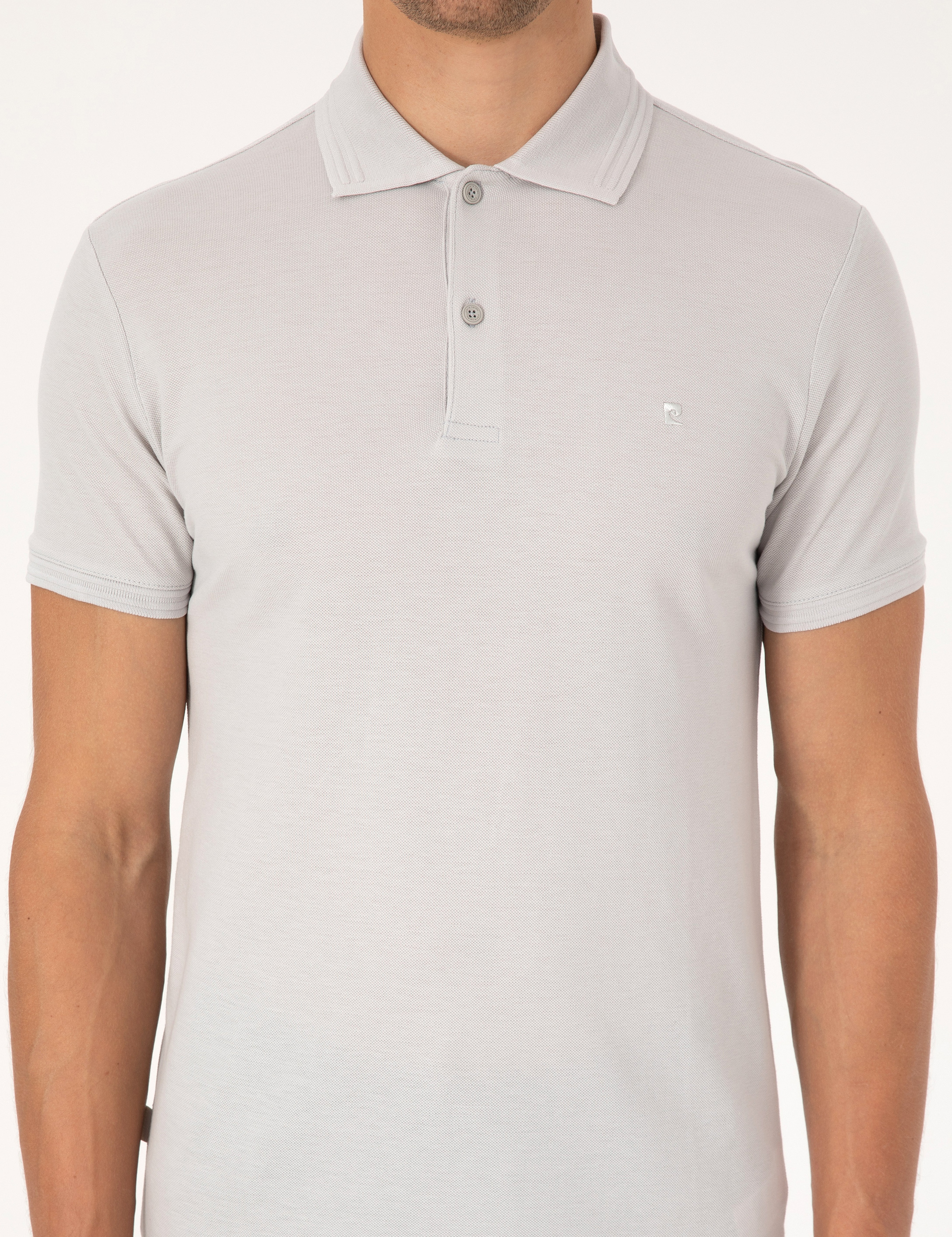Açık Gri Slim Fit %100 Pamuk Kıvrılmaz Düğmeli Polo Yaka Basic Tişört