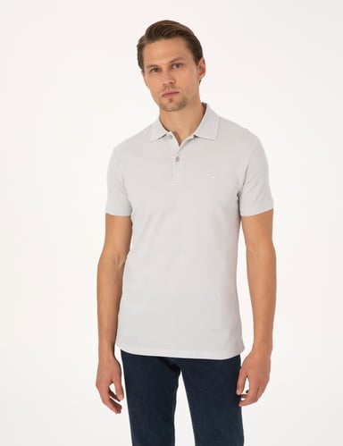 Açık Gri Slim Fit %100 Pamuk Kıvrılmaz Düğmeli Polo Yaka Basic Tişört