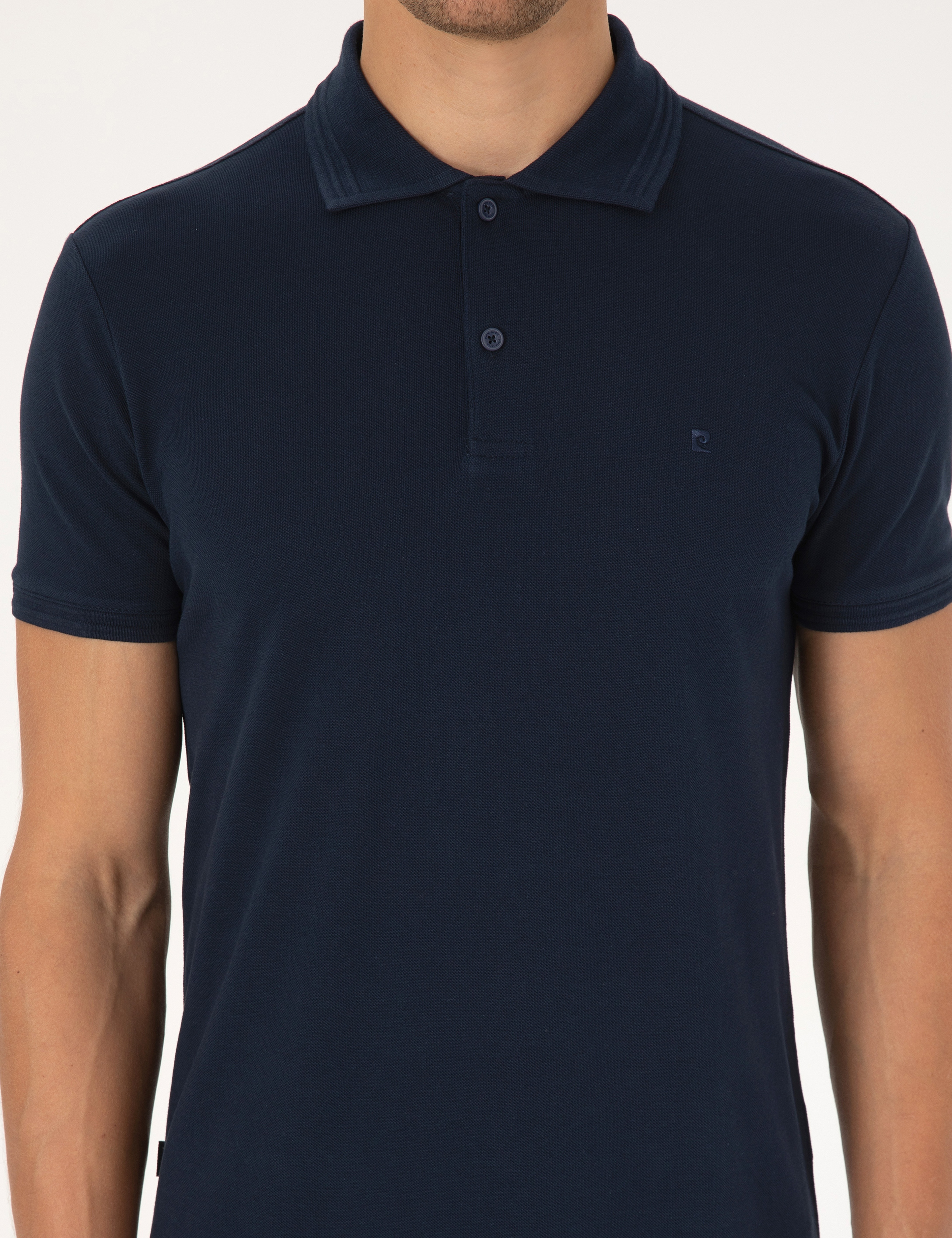 Lacivert Slim Fit %100 Pamuk Kıvrılmaz Düğmeli Polo Yaka Basic Tişört - Image 6