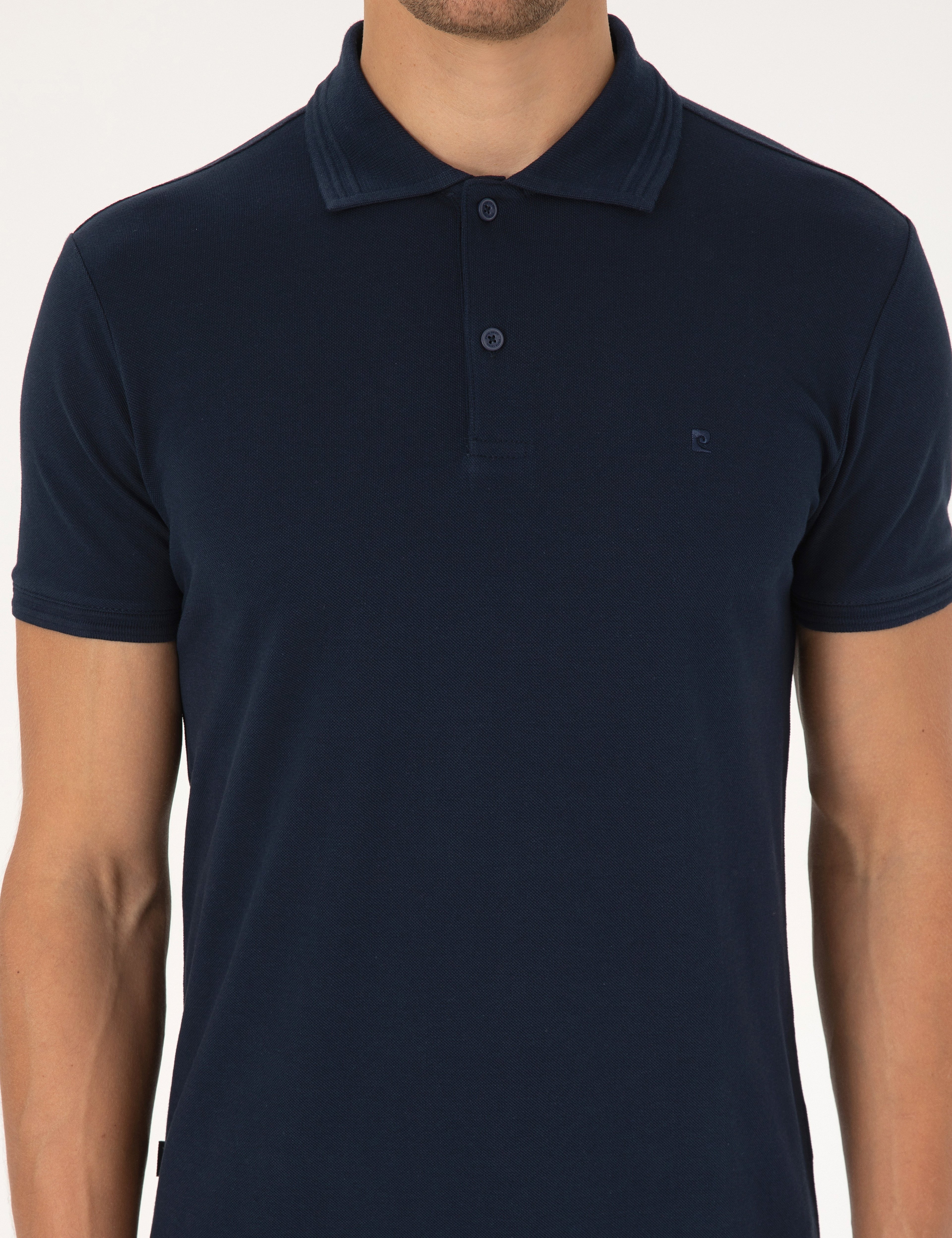 Lacivert Slim Fit %100 Pamuk Kıvrılmaz Düğmeli Polo Yaka Basic Tişört