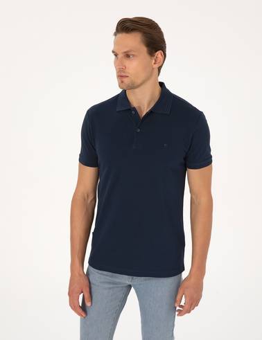 Lacivert Slim Fit %100 Pamuk Kıvrılmaz Düğmeli Polo Yaka Basic Tişört