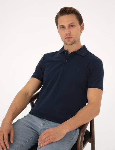 Lacivert Slim Fit %100 Pamuk Kıvrılmaz Düğmeli Polo Yaka Basic Tişört
