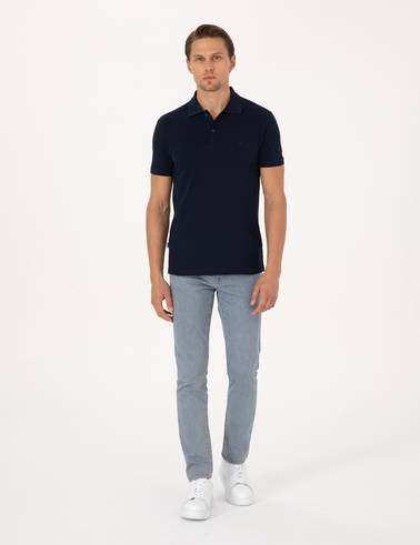 Lacivert Slim Fit %100 Pamuk Kıvrılmaz Düğmeli Polo Yaka Basic Tişört