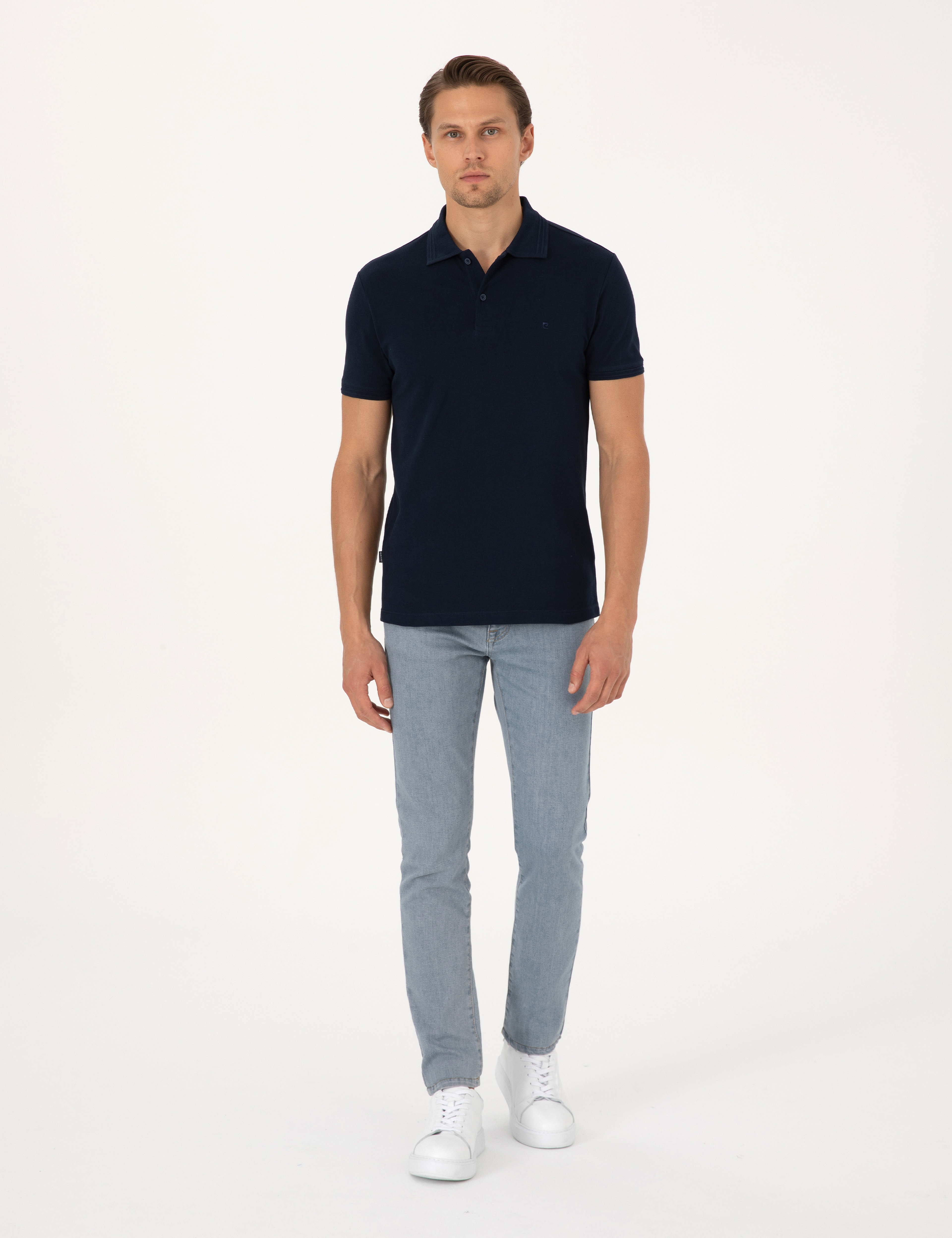 Lacivert Slim Fit %100 Pamuk Kıvrılmaz Düğmeli Polo Yaka Basic Tişört - Image 4