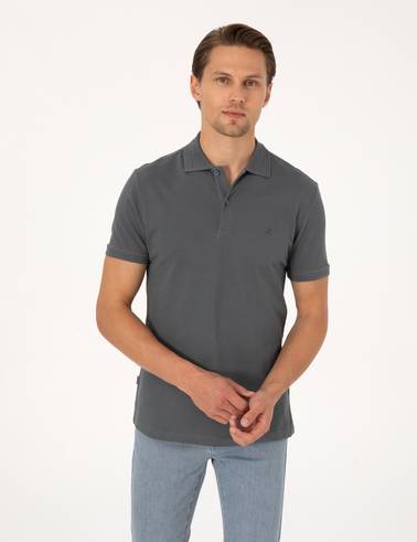 Antrasit Slim Fit %100 Pamuk Kıvrılmaz Düğmeli Polo Yaka Basic Tişört