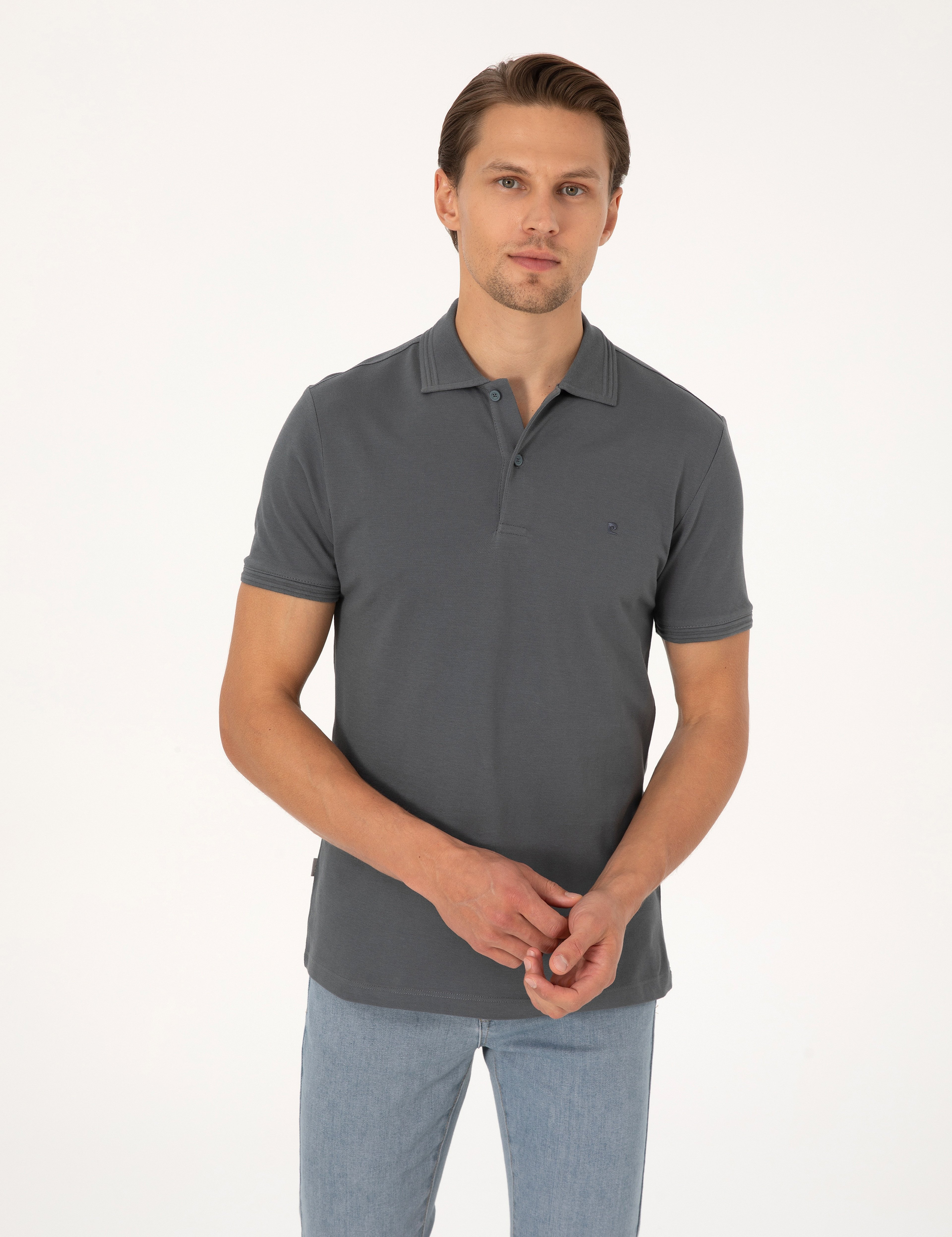 Antrasit Slim Fit %100 Pamuk Kıvrılmaz Düğmeli Polo Yaka Basic Tişört - Image 3