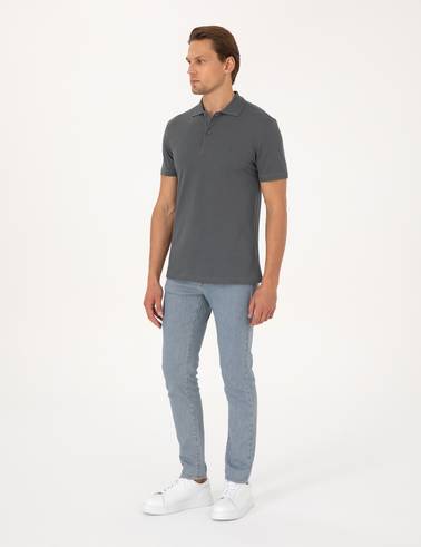 Antrasit Slim Fit %100 Pamuk Kıvrılmaz Düğmeli Polo Yaka Basic Tişört
