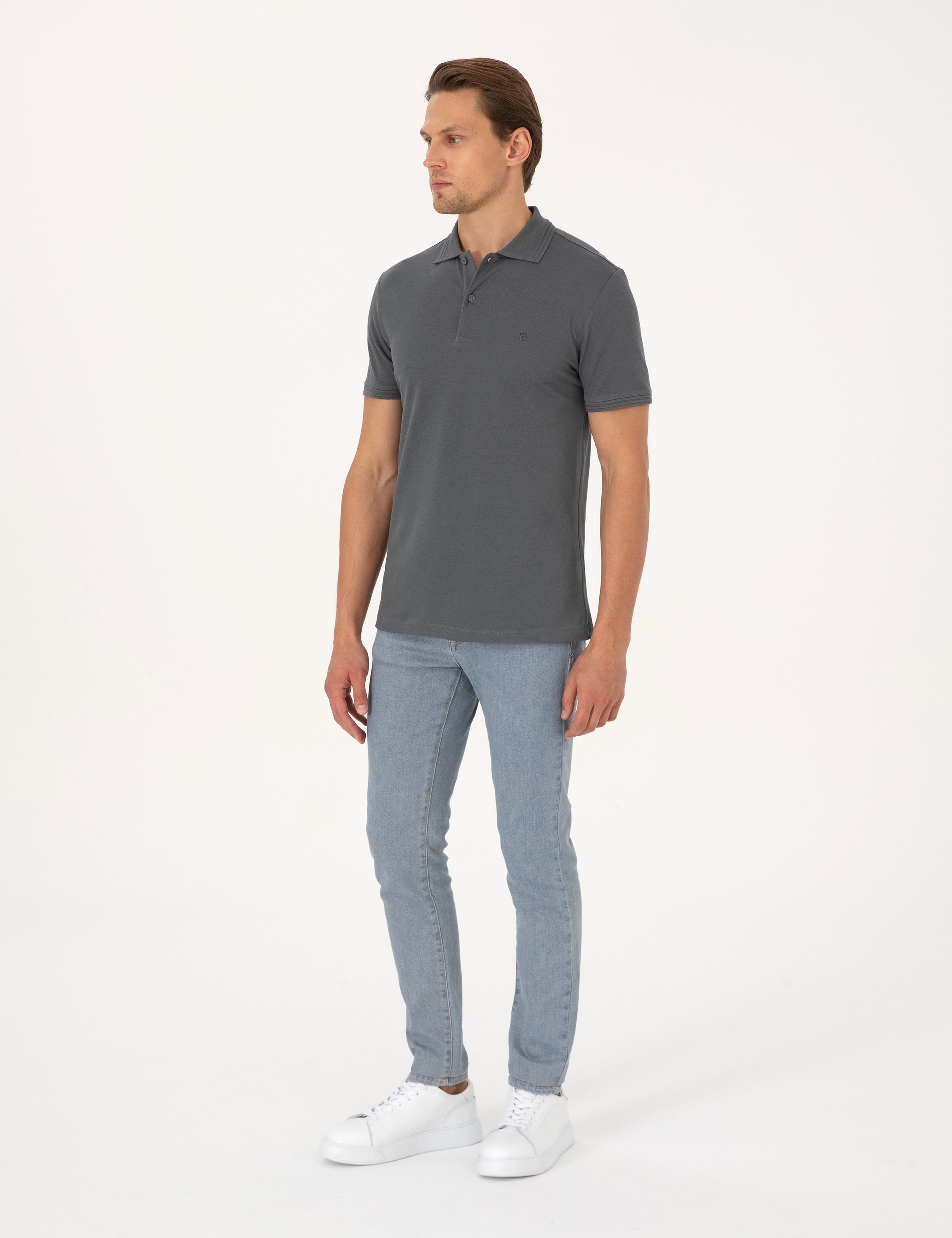 Antrasit Slim Fit %100 Pamuk Kıvrılmaz Düğmeli Polo Yaka Basic Tişört - Image 4