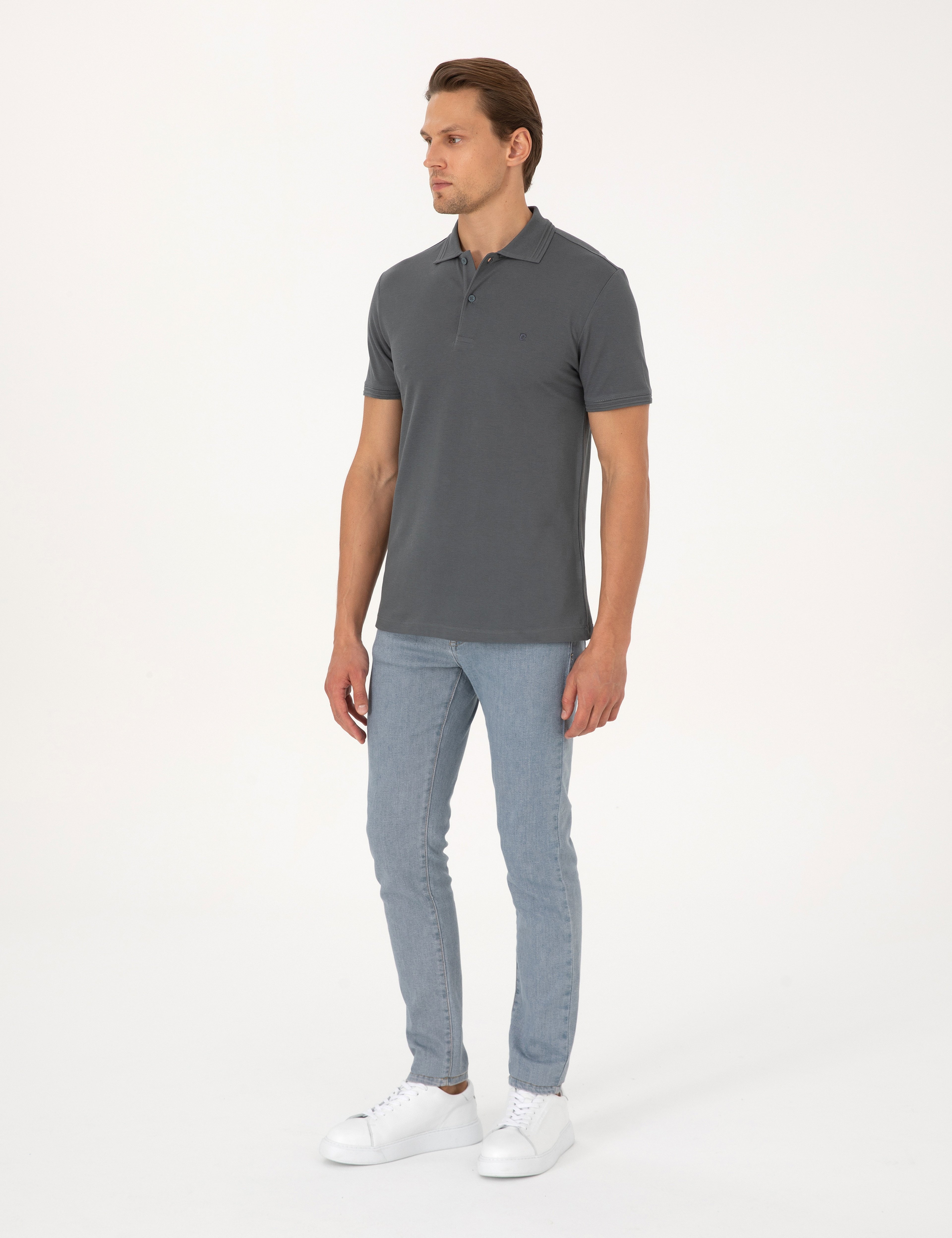 Antrasit Slim Fit %100 Pamuk Kıvrılmaz Düğmeli Polo Yaka Basic Tişört