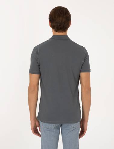 Antrasit Slim Fit %100 Pamuk Kıvrılmaz Düğmeli Polo Yaka Basic Tişört