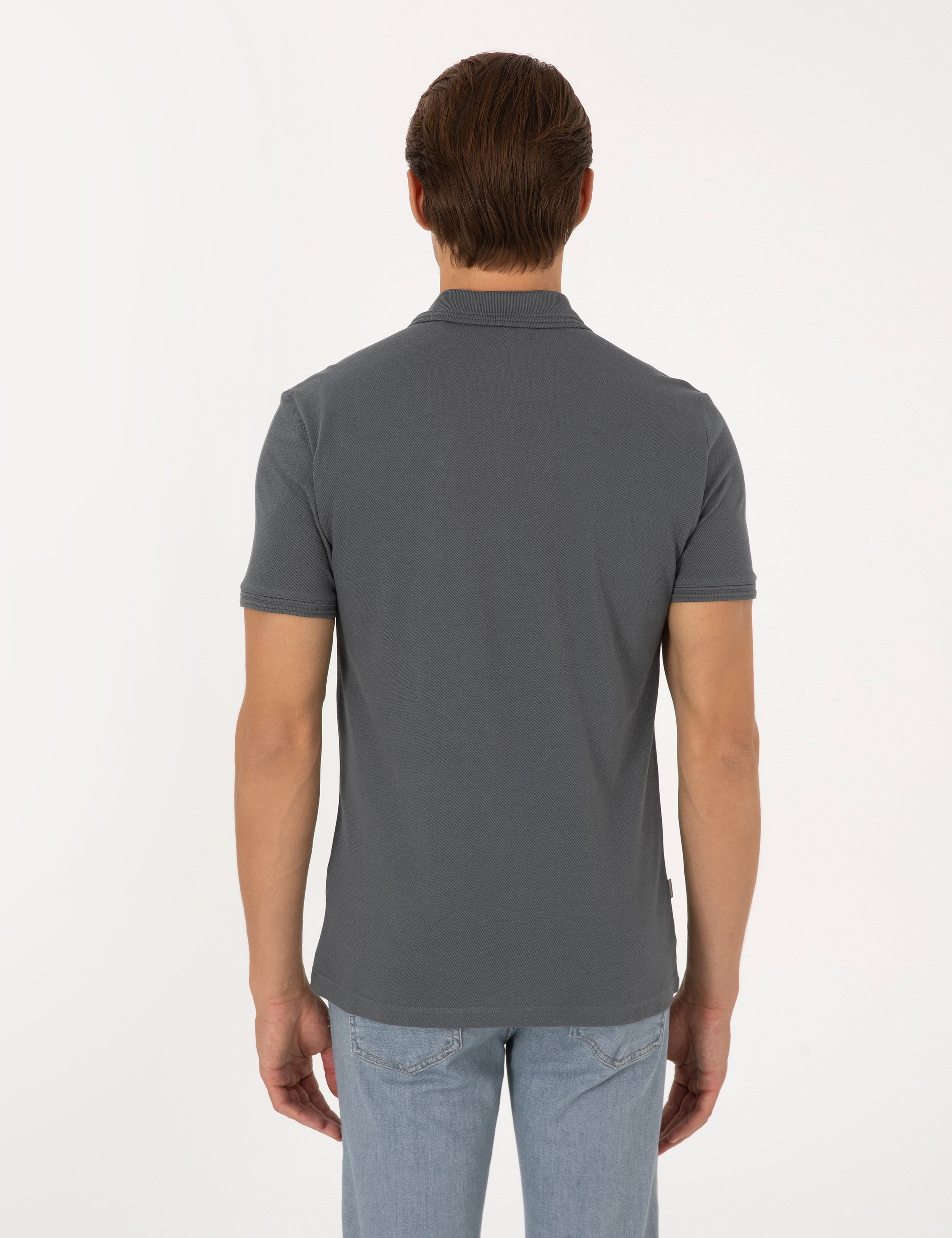Antrasit Slim Fit %100 Pamuk Kıvrılmaz Düğmeli Polo Yaka Basic Tişört - Image 5