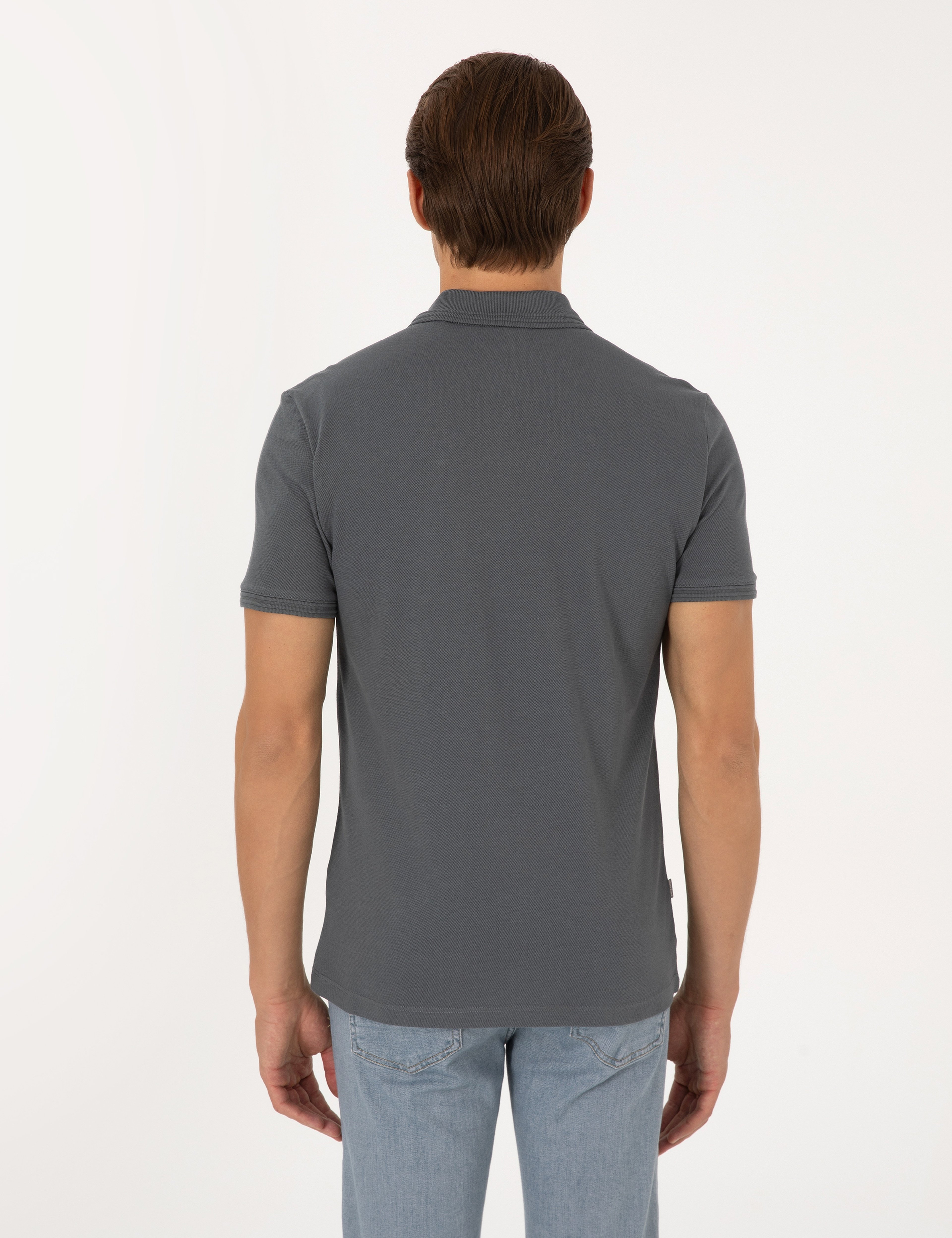 Antrasit Slim Fit %100 Pamuk Kıvrılmaz Düğmeli Polo Yaka Basic Tişört