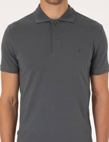 Antrasit Slim Fit %100 Pamuk Kıvrılmaz Düğmeli Polo Yaka Basic Tişört