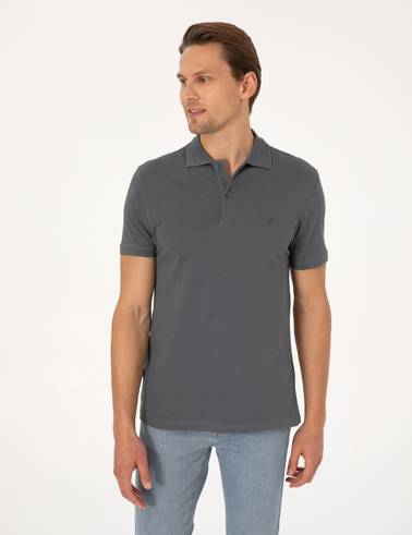 Antrasit Slim Fit %100 Pamuk Kıvrılmaz Düğmeli Polo Yaka Basic Tişört