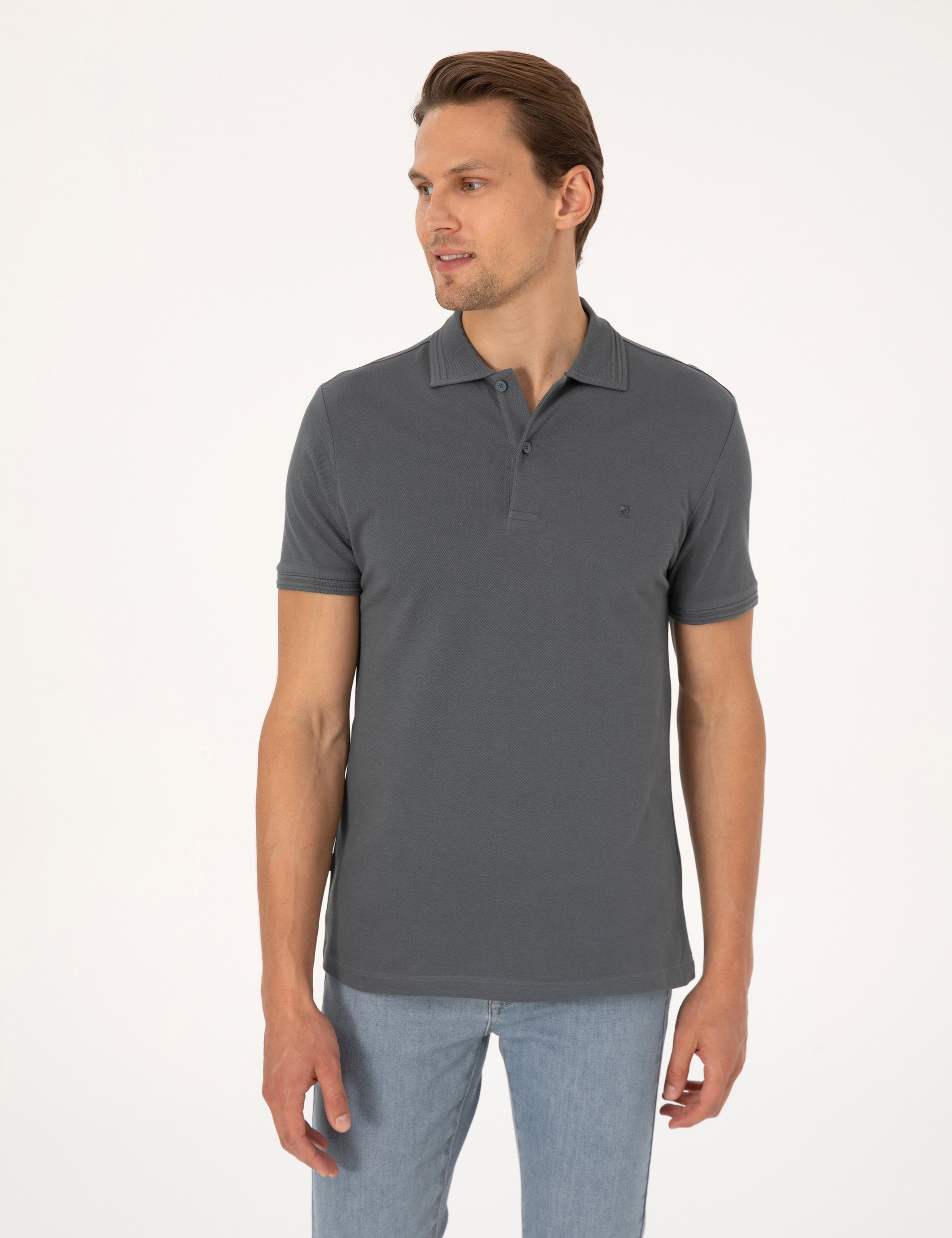 Antrasit Slim Fit %100 Pamuk Kıvrılmaz Düğmeli Polo Yaka Basic Tişört - Image 1