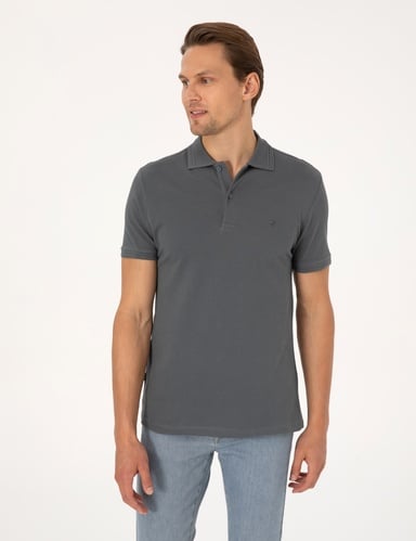 Antrasit Slim Fit %100 Pamuk Kıvrılmaz Düğmeli Polo Yaka Basic Tişört