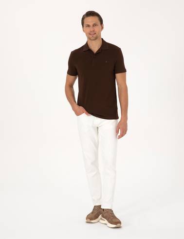 Koyu Kahverengi Slim Fit %100 Pamuk Kıvrılmaz Düğmeli Polo Yaka Basic Tişört