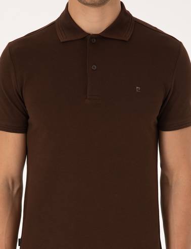 Koyu Kahverengi Slim Fit %100 Pamuk Kıvrılmaz Düğmeli Polo Yaka Basic Tişört