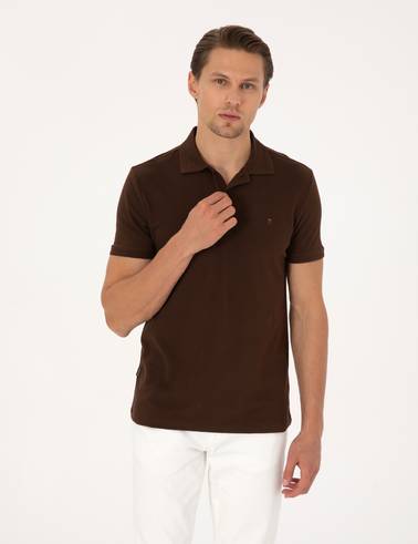 Koyu Kahverengi Slim Fit %100 Pamuk Kıvrılmaz Düğmeli Polo Yaka Basic Tişört