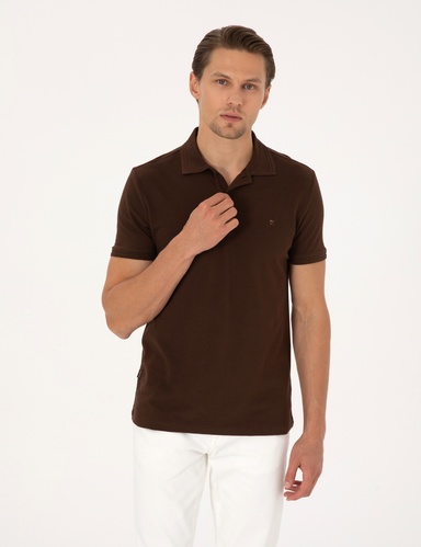 Koyu Kahverengi Slim Fit %100 Pamuk Kıvrılmaz Düğmeli Polo Yaka Basic Tişört