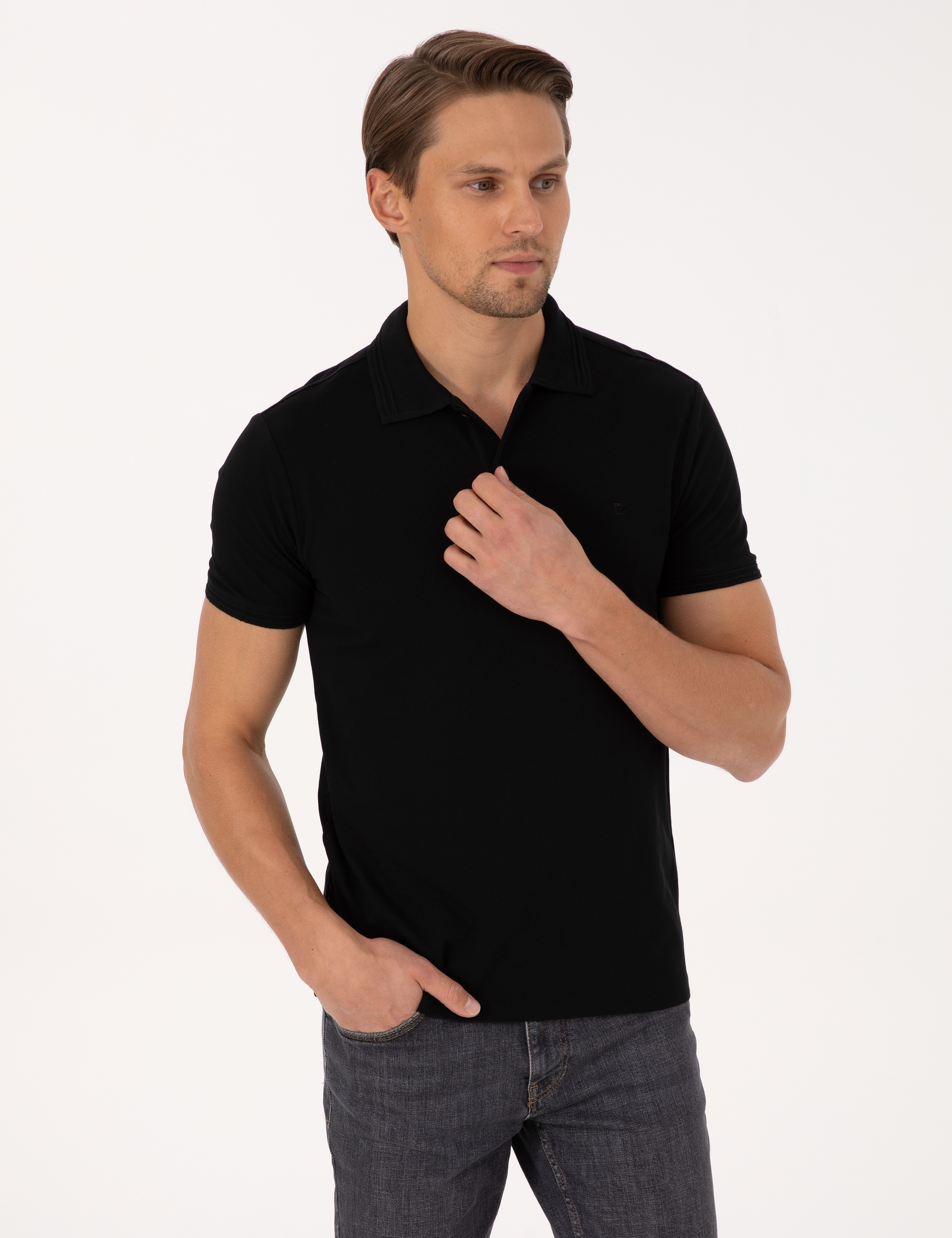 Siyah Slim Fit %100 Pamuk Kıvrılmaz Düğmeli Polo Yaka Basic Tişört - Image 3