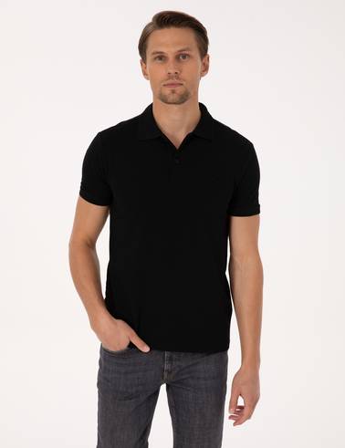 Siyah Slim Fit %100 Pamuk Kıvrılmaz Düğmeli Polo Yaka Basic Tişört