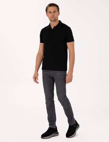 Siyah Slim Fit %100 Pamuk Kıvrılmaz Düğmeli Polo Yaka Basic Tişört