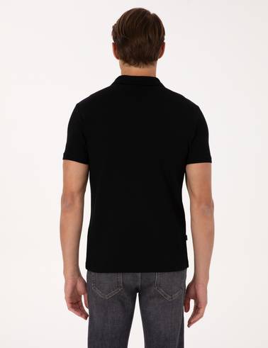 Siyah Slim Fit %100 Pamuk Kıvrılmaz Düğmeli Polo Yaka Basic Tişört