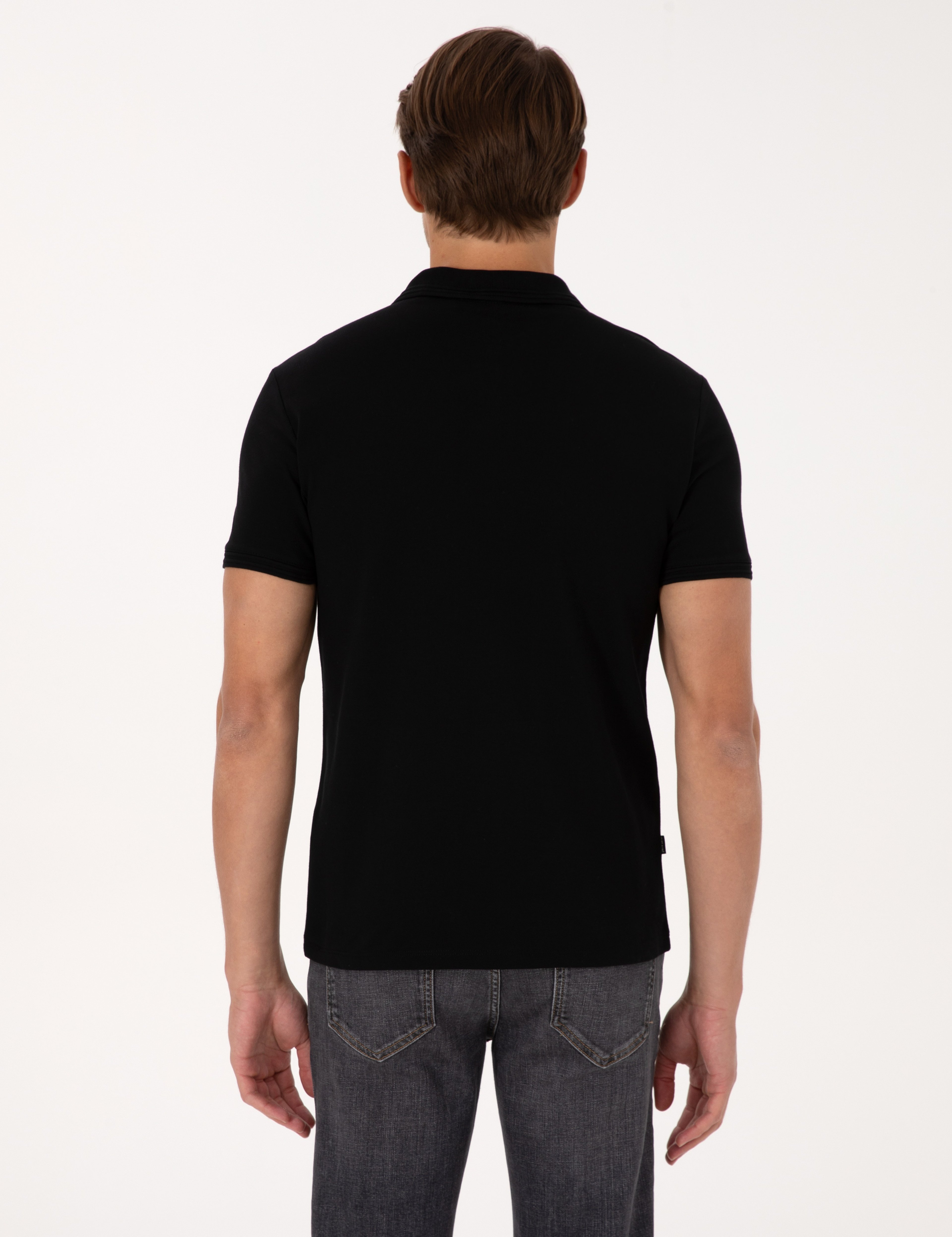 Siyah Slim Fit %100 Pamuk Kıvrılmaz Düğmeli Polo Yaka Basic Tişört - Image 5