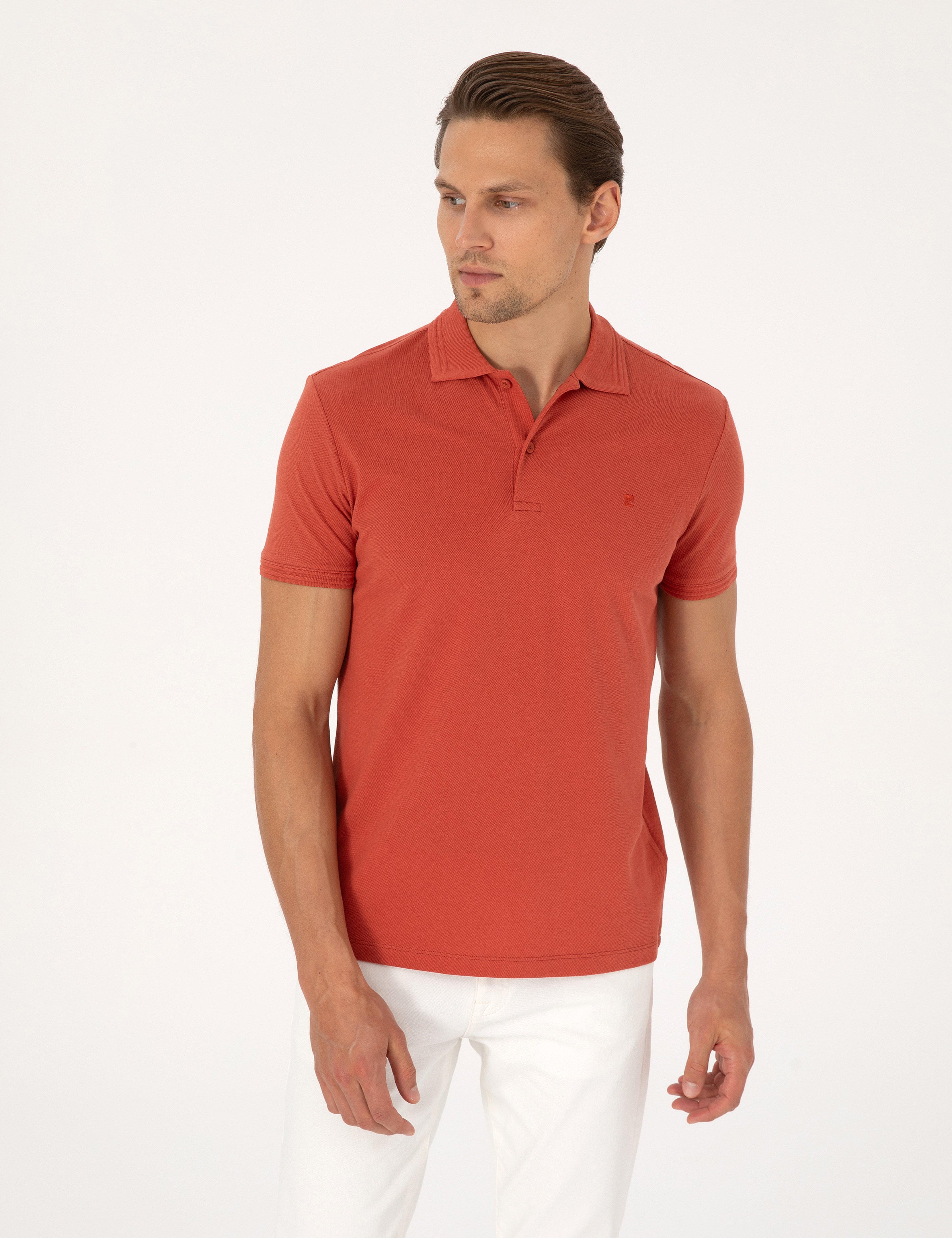 Kiremit Slim Fit %100 Pamuk Kıvrılmaz Düğmeli Polo Yaka Basic Tişört