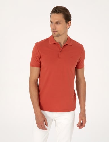 Kiremit Slim Fit %100 Pamuk Kıvrılmaz Düğmeli Polo Yaka Basic Tişört