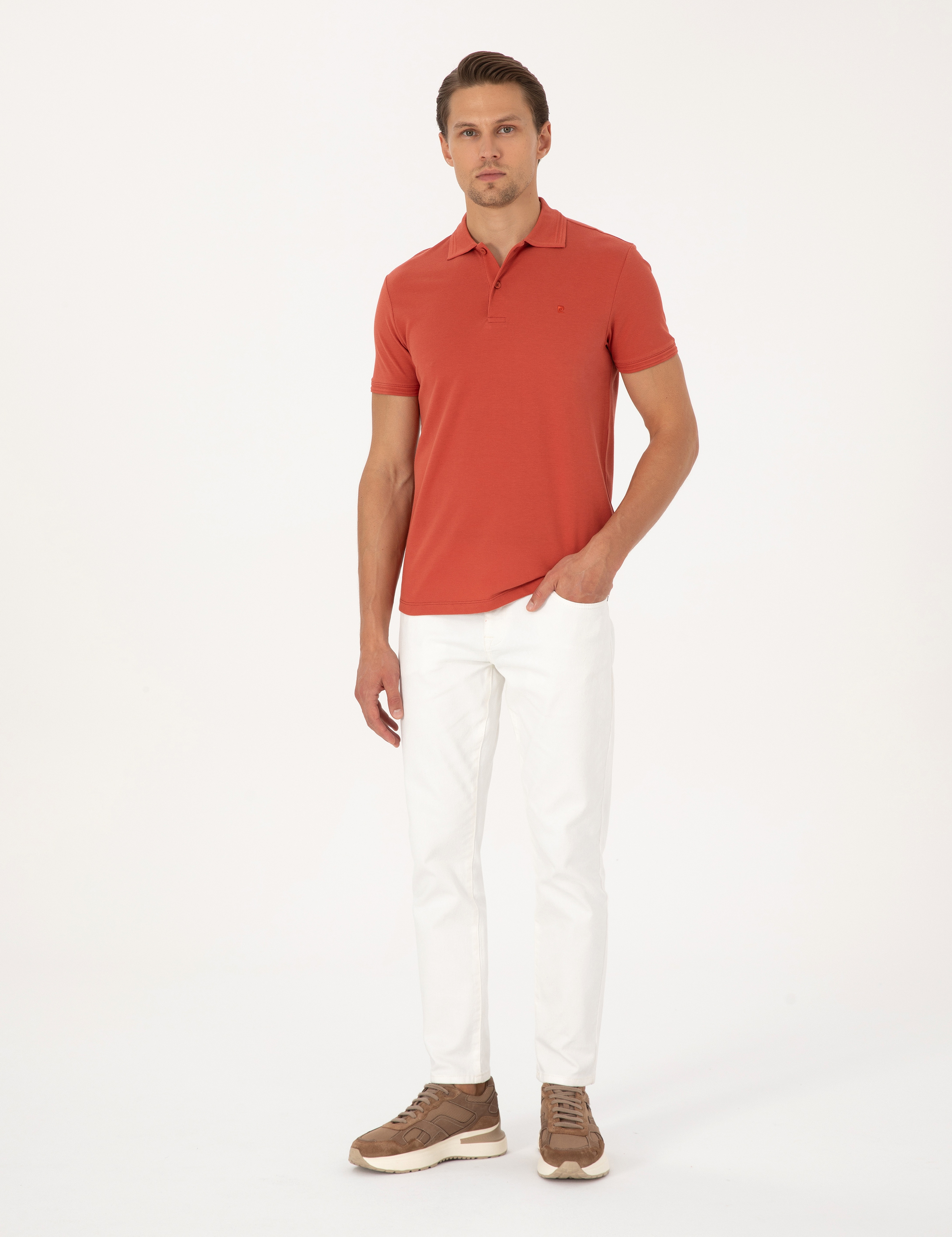 Kiremit Slim Fit %100 Pamuk Kıvrılmaz Düğmeli Polo Yaka Basic Tişört - Image 4