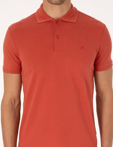 Kiremit Slim Fit %100 Pamuk Kıvrılmaz Düğmeli Polo Yaka Basic Tişört