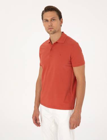 Kiremit Slim Fit %100 Pamuk Kıvrılmaz Düğmeli Polo Yaka Basic Tişört