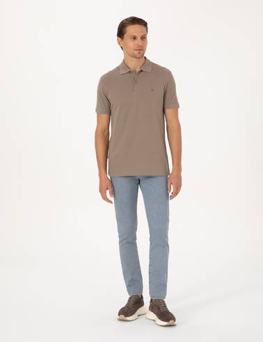 Koyu Vizon Slim Fit %100 Pamuk Kıvrılmaz Düğmeli Polo Yaka Basic Tişört