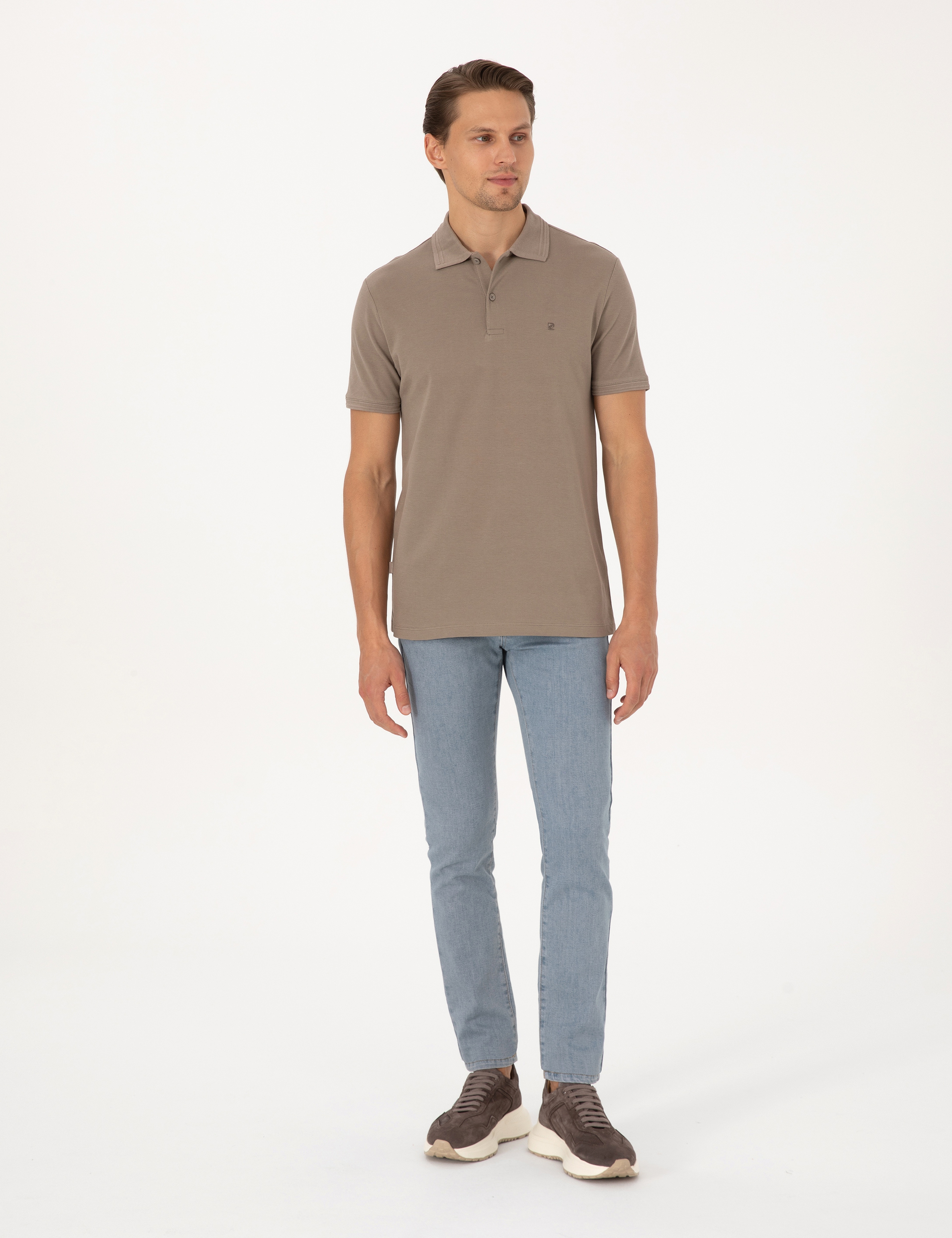 Koyu Vizon Slim Fit %100 Pamuk Kıvrılmaz Düğmeli Polo Yaka Basic Tişört - Image 4