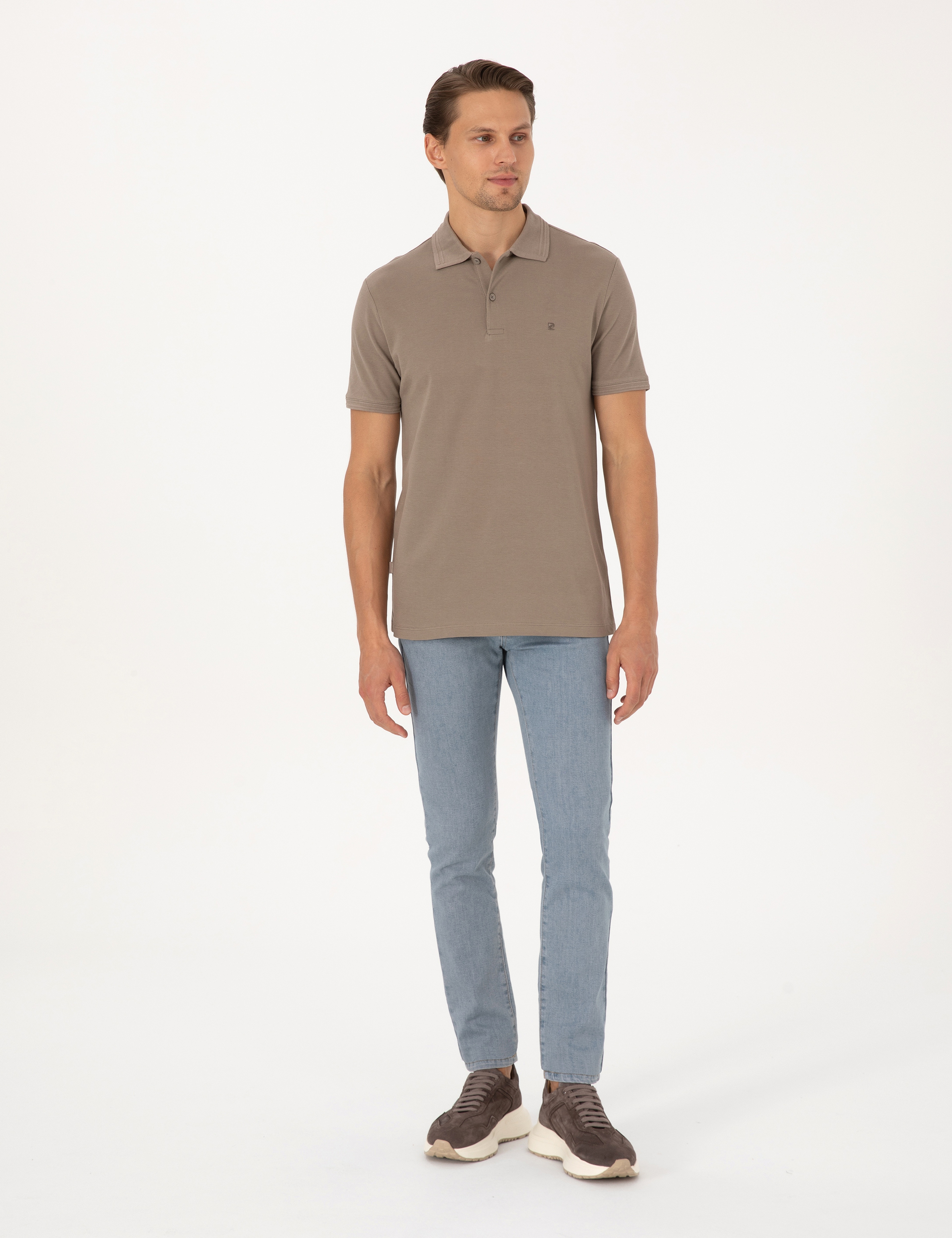 Koyu Vizon Slim Fit %100 Pamuk Kıvrılmaz Düğmeli Polo Yaka Basic Tişört