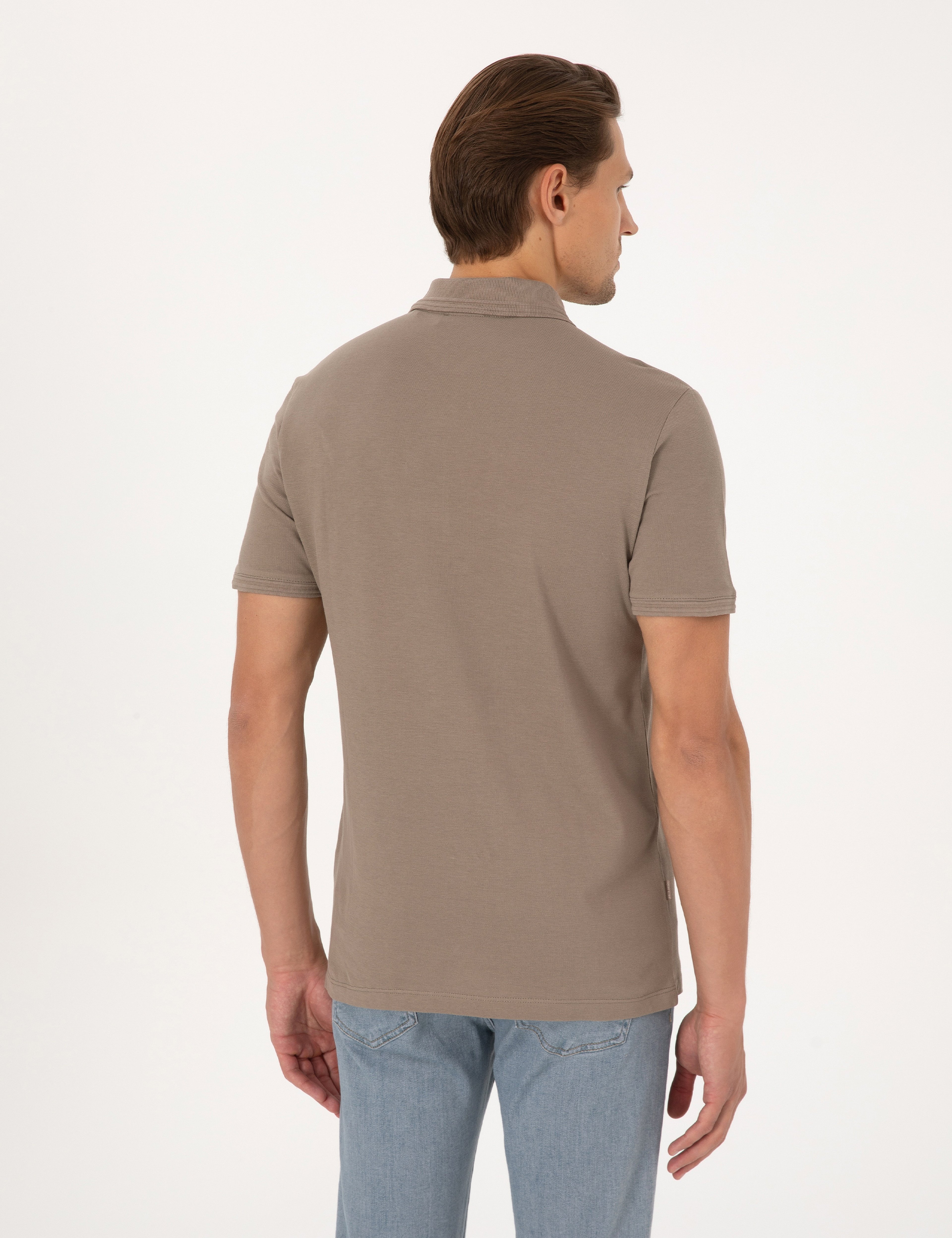 Koyu Vizon Slim Fit %100 Pamuk Kıvrılmaz Düğmeli Polo Yaka Basic Tişört