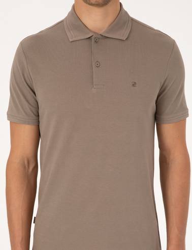 Koyu Vizon Slim Fit %100 Pamuk Kıvrılmaz Düğmeli Polo Yaka Basic Tişört