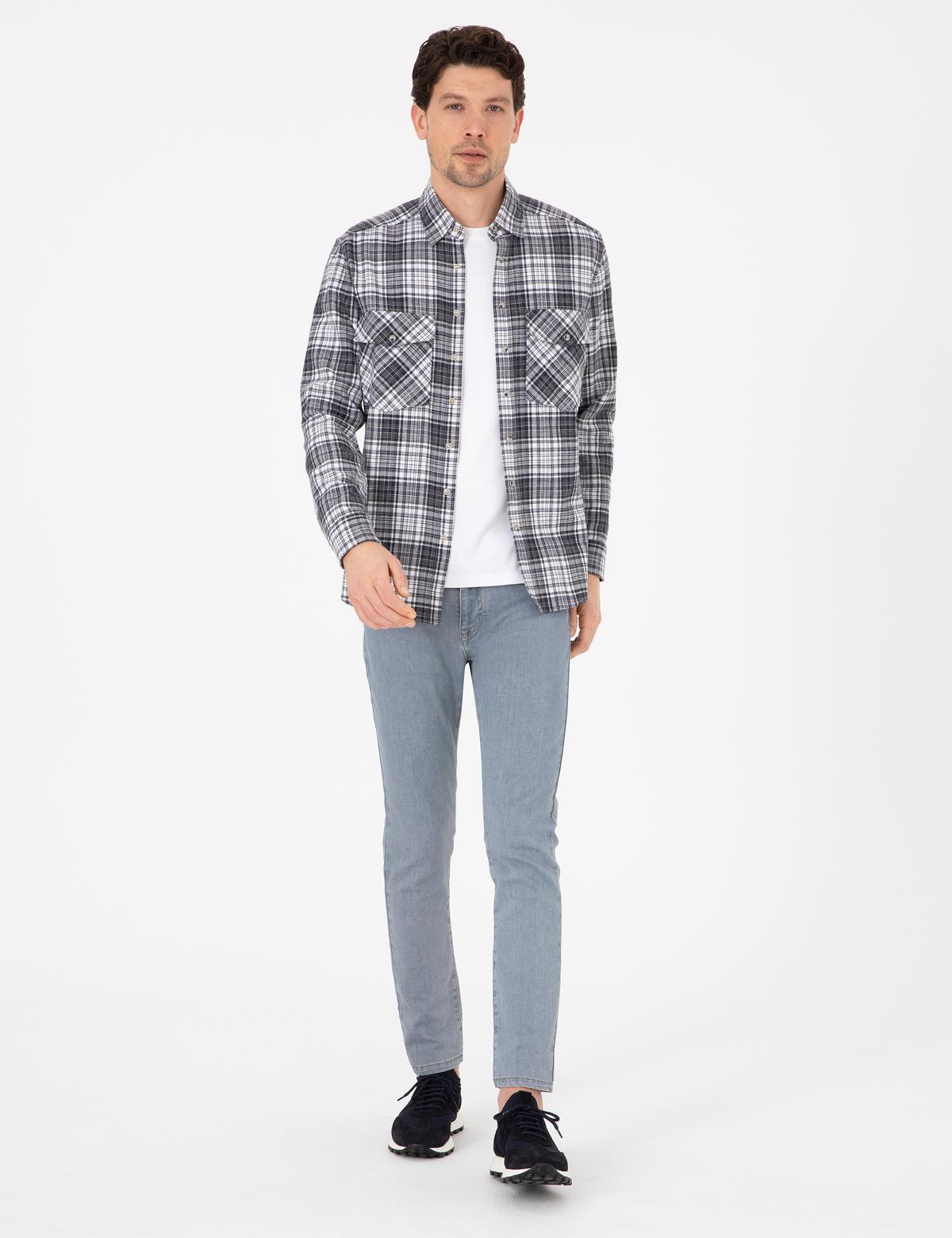 Lacivert Klasik Yaka Çift Cepli Regular Fit Gömlek Ceket - 50292345009