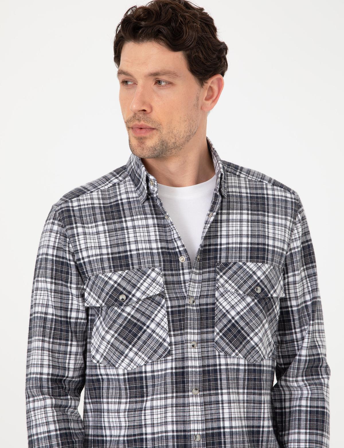 Lacivert Klasik Yaka Çift Cepli Regular Fit Gömlek Ceket - 50292345009