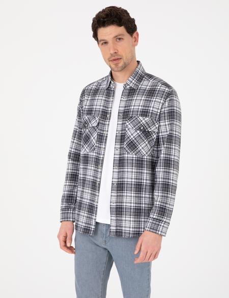 Lacivert Klasik Yaka Çift Cepli Regular Fit Gömlek Ceket - 50292345009